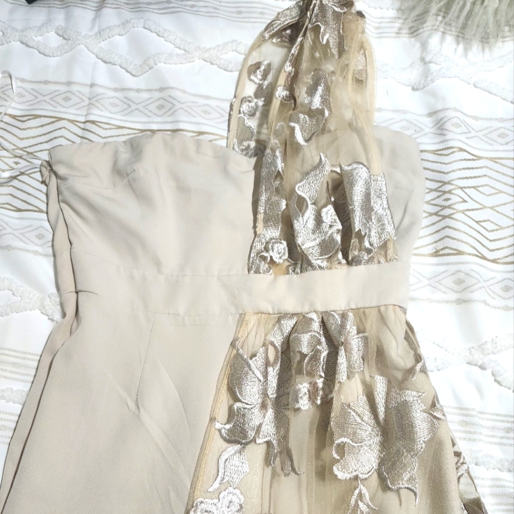 Stylish Beige One-Shoulder Jumpsuit with Lace Accent
